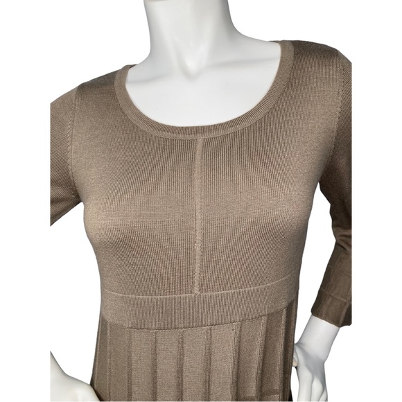 CALVIN KLEIN Light Brown Taupe Bell Sleeve Pleated Knee Length Dress, M - Picture 5 of 10